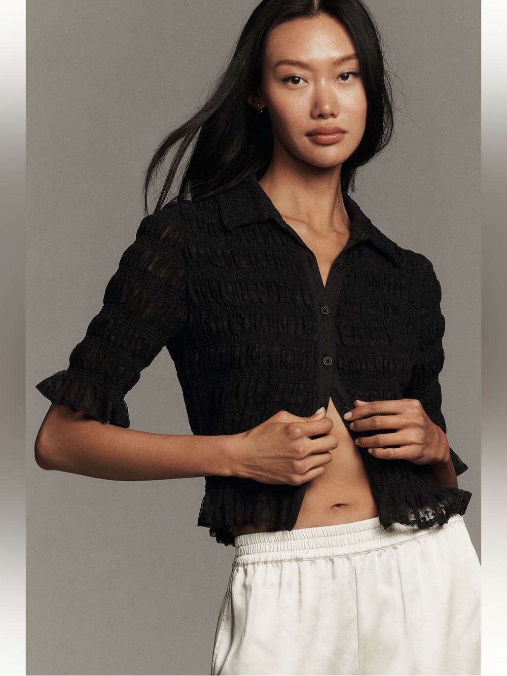 Maeve Ruched Sheer Black Button-Down Top!
